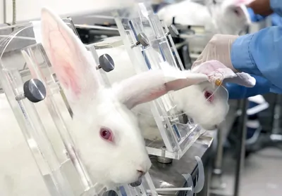 White rabbits are held in place with transparent restraints in a research laboratory